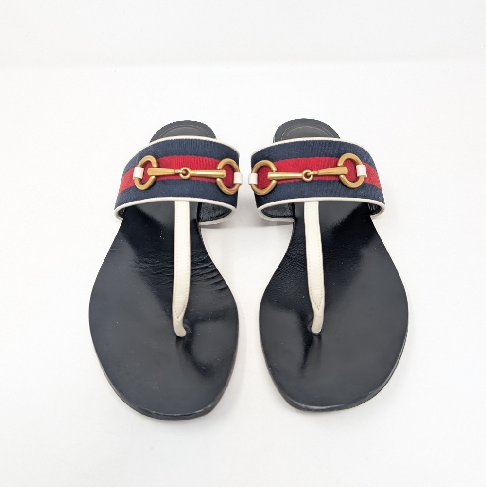 Gucci Horse Bit Thong Sandals Flip Flops White Leather Size 40